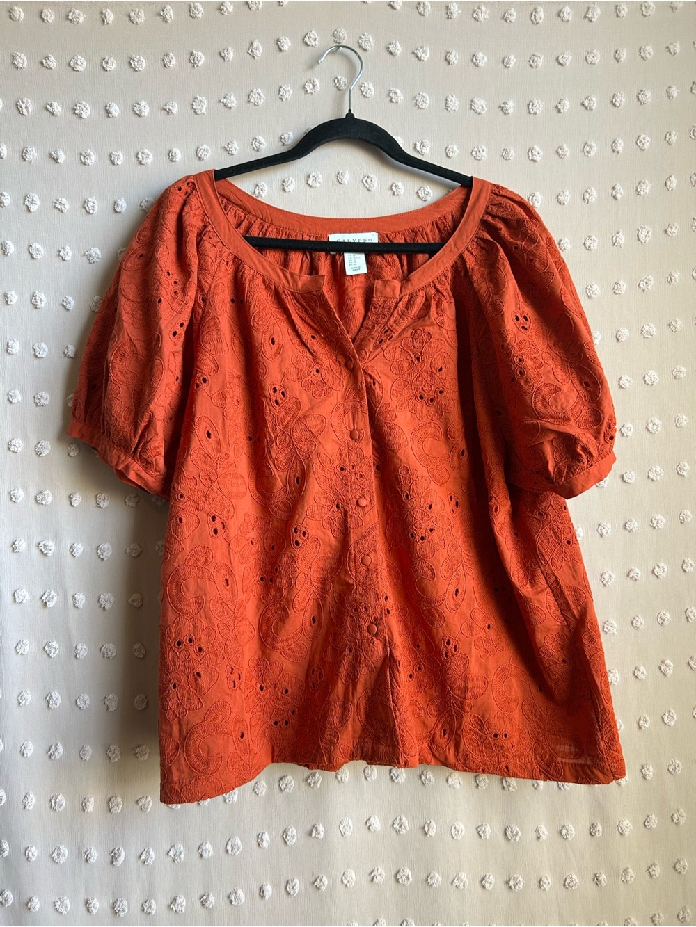 Calypso St Barth Eyelet Peasant Puff Sleeve Short Sleeve‎ Blouse Sz XL Orange